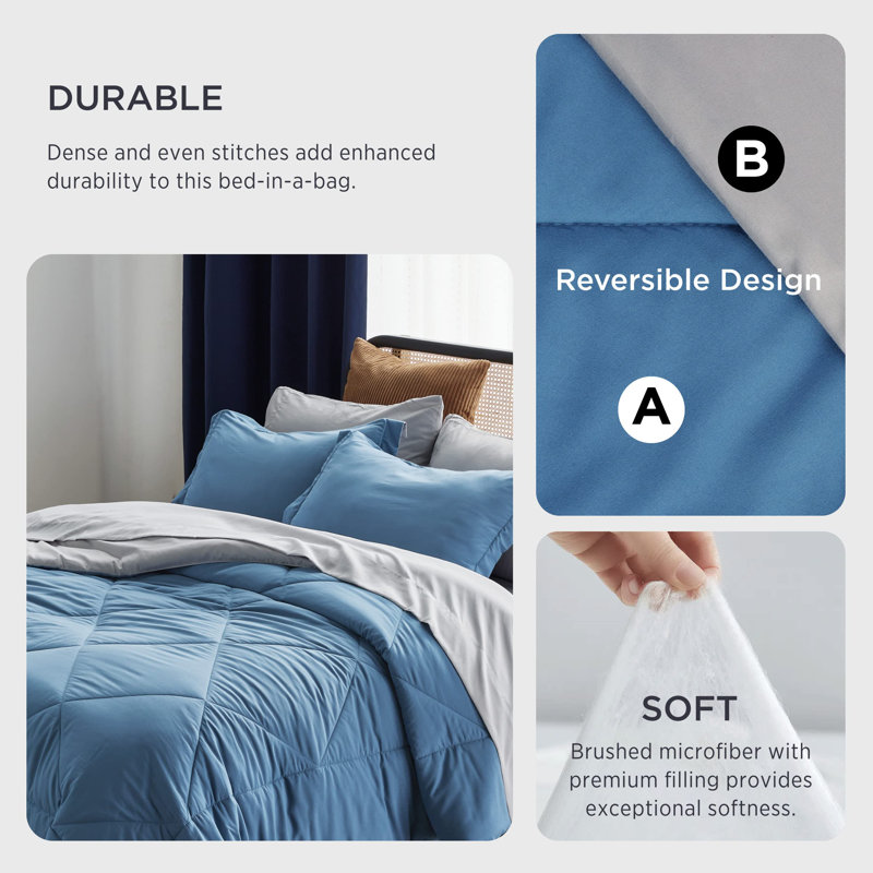 Bedsure Reversible Comforter Set, Bed in a Bag with Down Alternative Fill, Queen Comforter + 4 Additional Pieces, Dark Gray