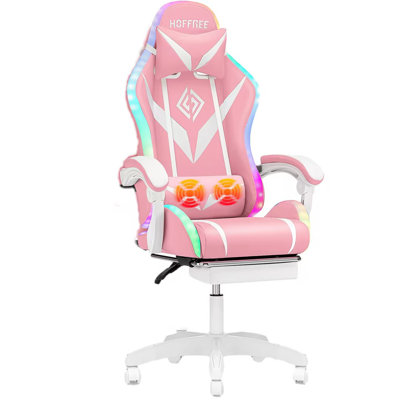 Ergonomic LED Gaming Chair with Massage Lumbar Pillow by Hoffree