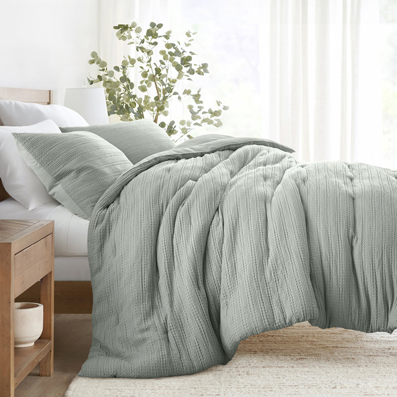 Waffle Textured 3 Piece Comforter Set All Season Down-Alternative Ultra Soft Bedding, Green