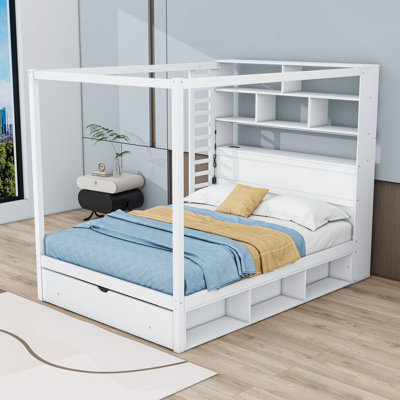Lit coffre à baldaquin en bois avec tête de lit bibliothèque, ports USB et éclairage DEL