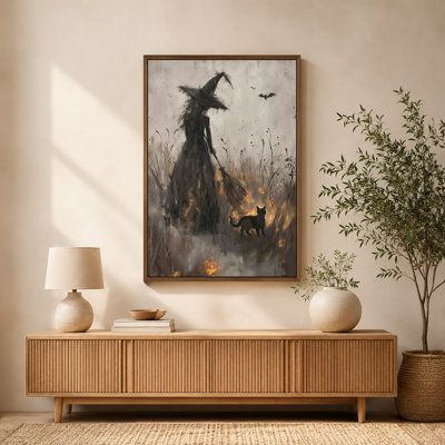 Halloween Witch Broom Black Cat Field Dark Fantasy Canvas Wall Art with Floating Frame, Ready to Hang