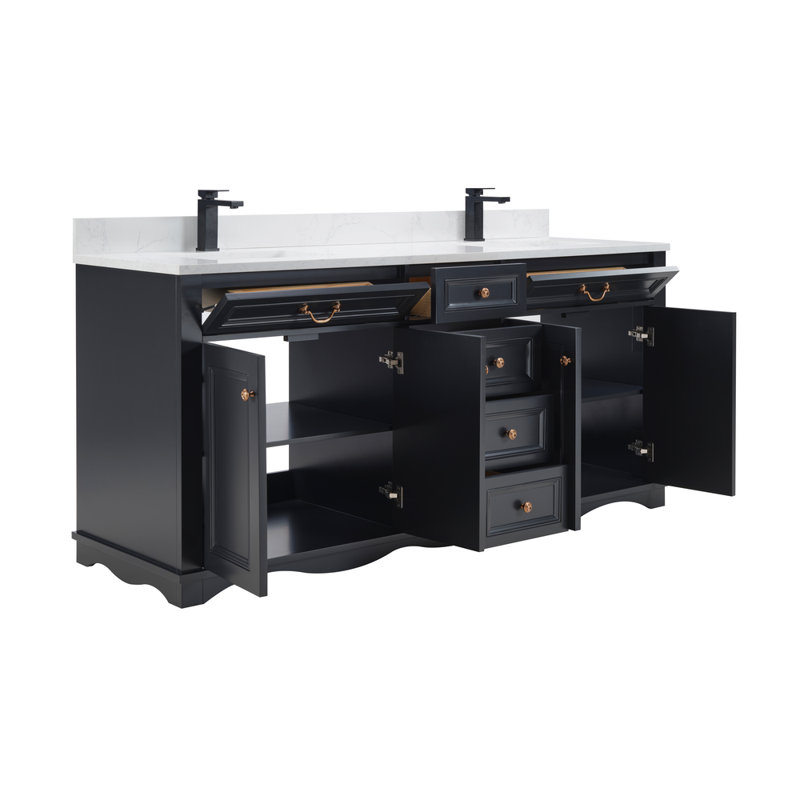 72'' Solid Wood Double Bathroom Vanity with 1'' Engineered Marble Top, Tricorn Black