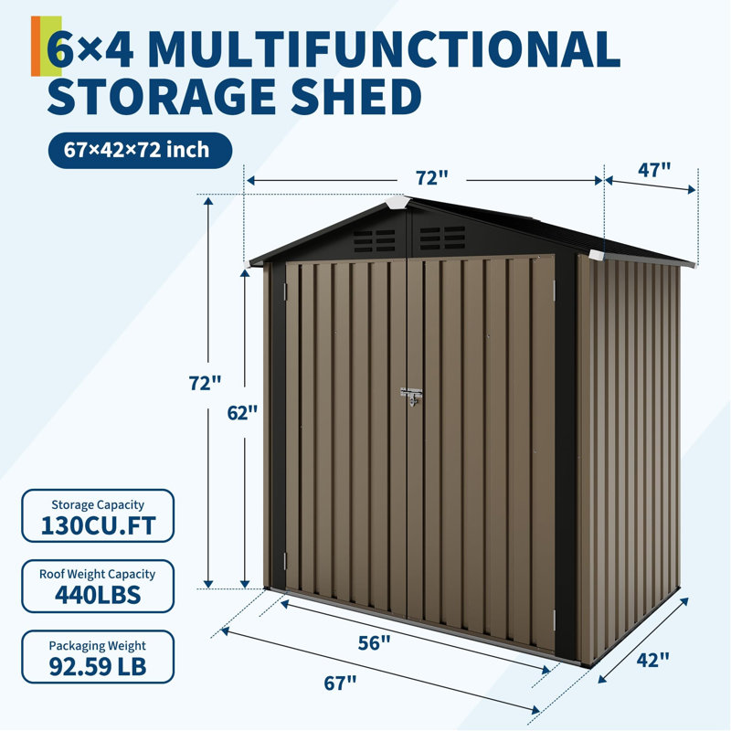 Heavy-Duty Metal Outdoor Storage Shed 6x4 ft – Lockable Double Doors, Gable Roof, Waterproof & Rustproof Backyard Storage for Tools, Bikes, Patio Equipment (Brown)