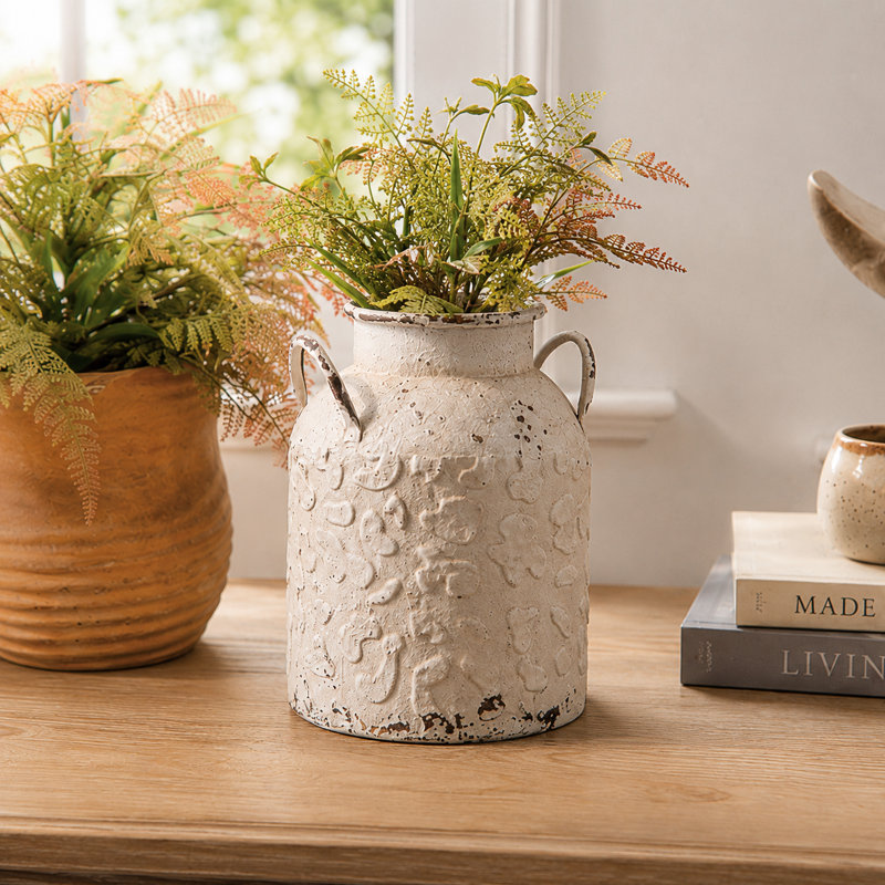 White Distressed Metal Double-Handled Tabletop Vase