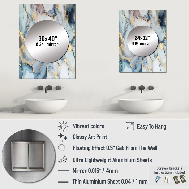 Dores Grey and Gold Tender Liquid Ink Art III - Fractals Decorative Wall Mirror, Modern Mirror, Printed Metal Art, 40" x 30"