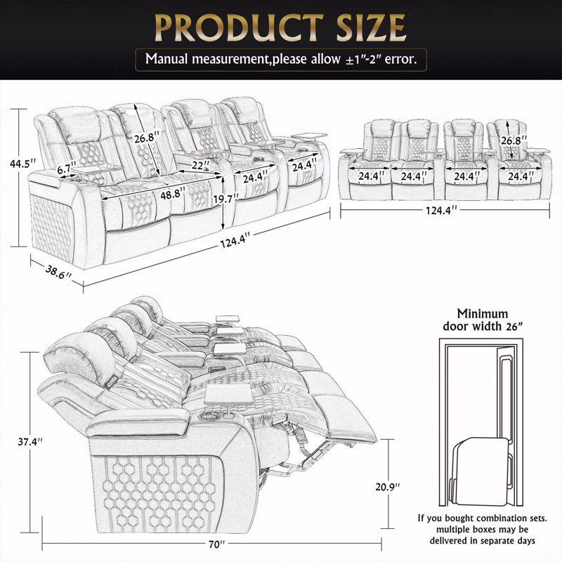 124.4"With Power Recliner Function 4 PC Made Withtop-Grain Nappa,Fully Adjustable Relaxation,Smart Charging,Dynamic RGB With LED Light Lighting