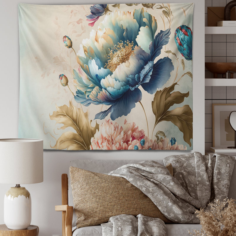 Tapisserie en polyester bleu et or floral, H 50 po x l 60 po