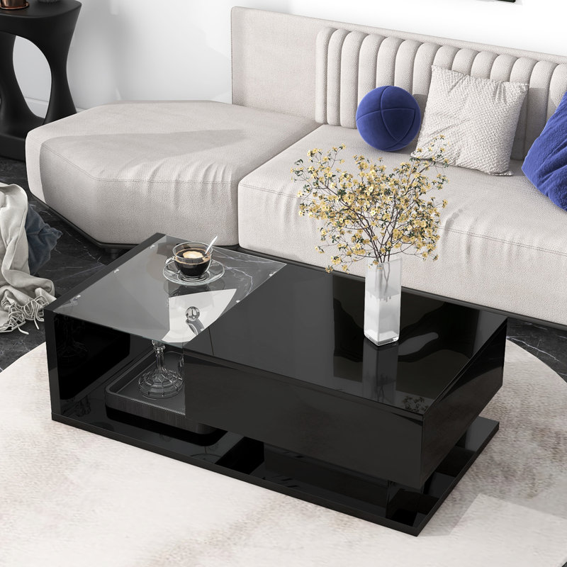Rectangular Coffee Table With Particle Board And Tempered Glass, Black Practical Design Glass Top, Black