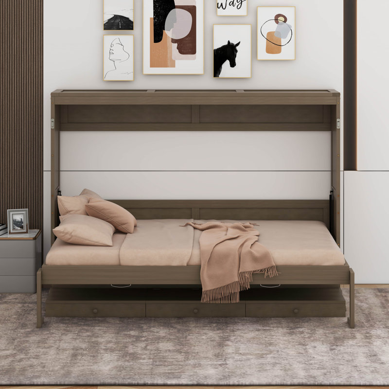 Grand lit escamotable mural avec bureau de coiffeuse, miroir central et 2 tiroirs latéraux, Gris patiné