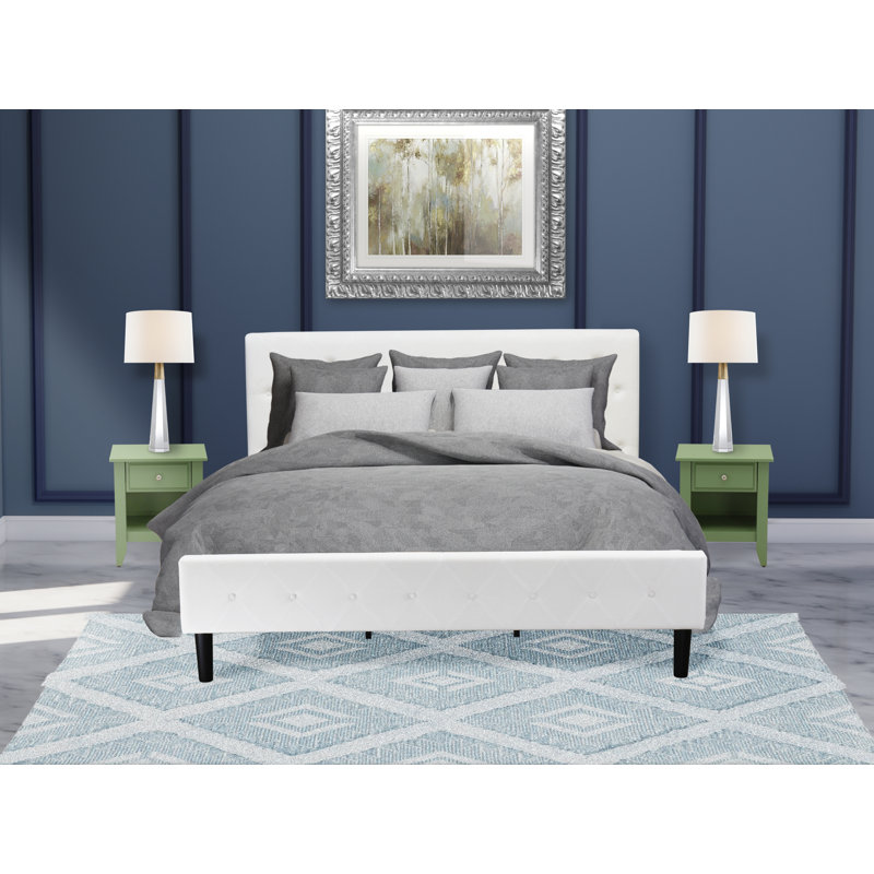 Ensemble de lit 3 pièces - Lit plateforme capitonné très grand lit - Tête de lit tapissier en tissu de velours blanc lin et table de chevet au fini vert trèfle