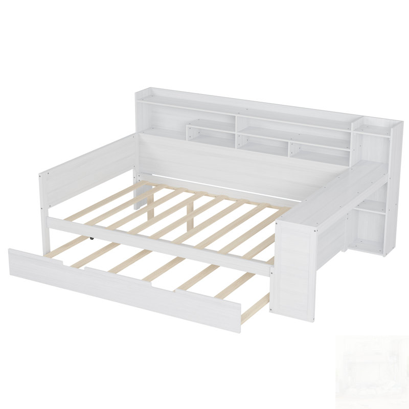 Lit de jour en bois avec tablettes de rangement, lit gigogne simple et bureau d'étude pour espaces compacts, Full