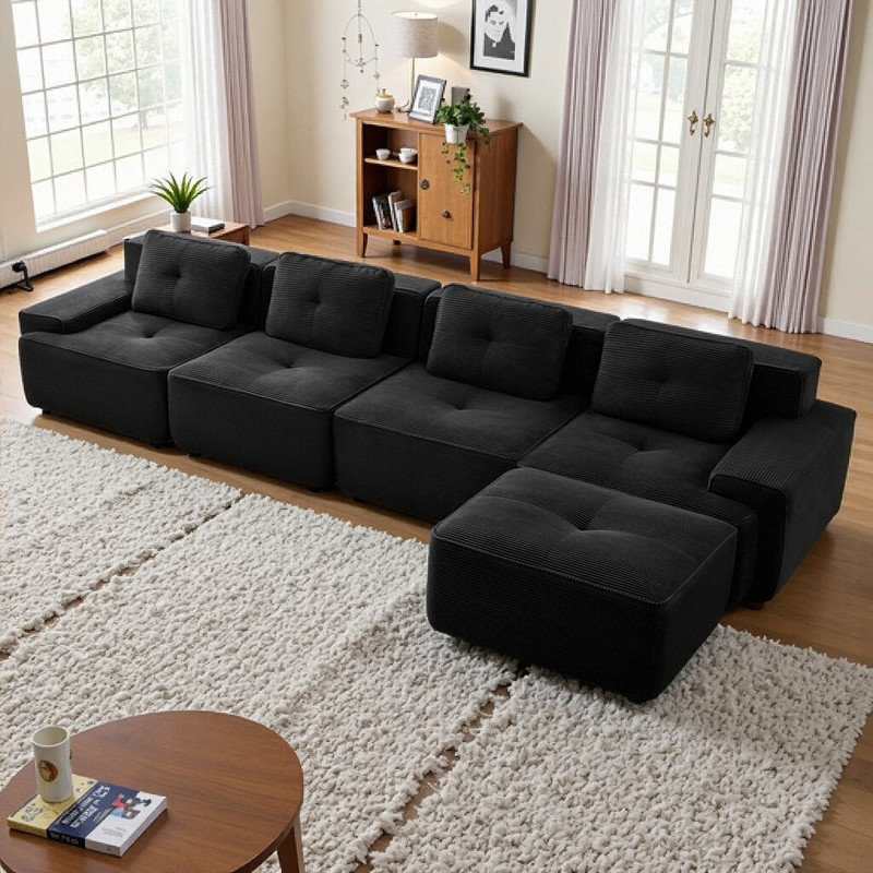 Mobilier de salon modulaire en forme de L de 153 po avec repose-pieds 4 places, Noir