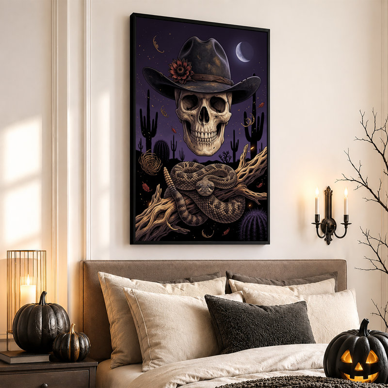 «Cowboy Hat Skull Rattlesnake Desert Night», art sur toile, H 18 po x l 12 po