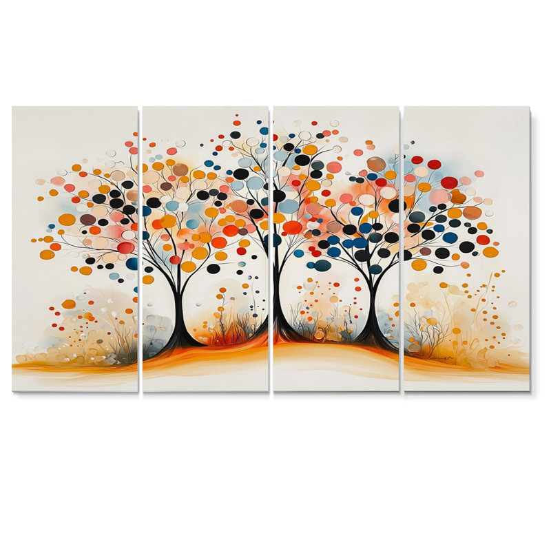 Automne orange et bleu, arbre, saisons, reflets I - ensemble de salon abstrait Mid-Century Wall Art, H 28 po x l 48 po