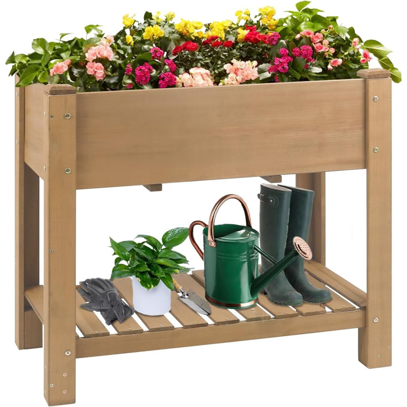 Elevated Raised Garden Bed with Legs, Wooden Planter Box with Storage Shelf for Vegetables, Herbs & Flowers