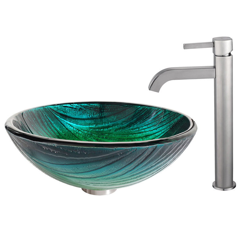 Nei Circular Vessel Bathroom Sink with Faucet, Satin Nickel