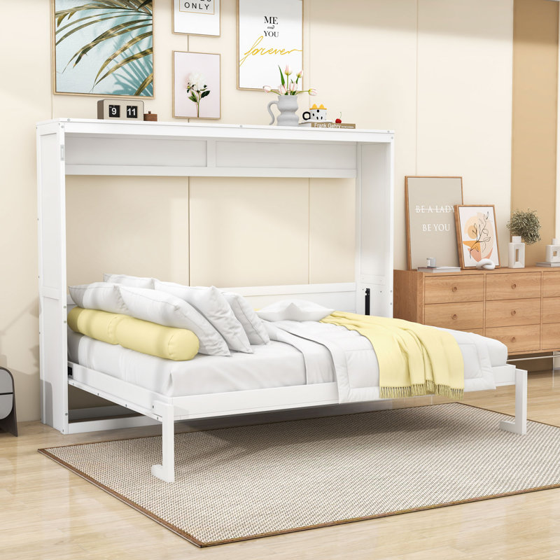Lit escamotable en bois avec confort flexible, Blanc, Grand lit