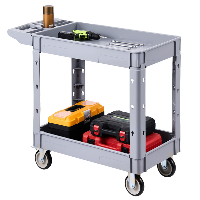 Chariot utilitaire, capacité de 250 kg, chariot de service à 2 niveaux avec roues pivotantes à 360° et roues fixes (dont 2 avec freins), en plastique robuste avec plateau de rangement, idéal pour le rangement d'outils dans un garage, un entrepôt ou un atelier.