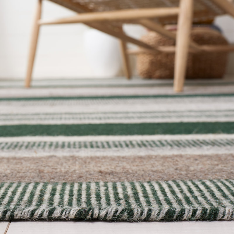 Gray and Green Geometric Wool Flatweave Rug, 3' x 5'