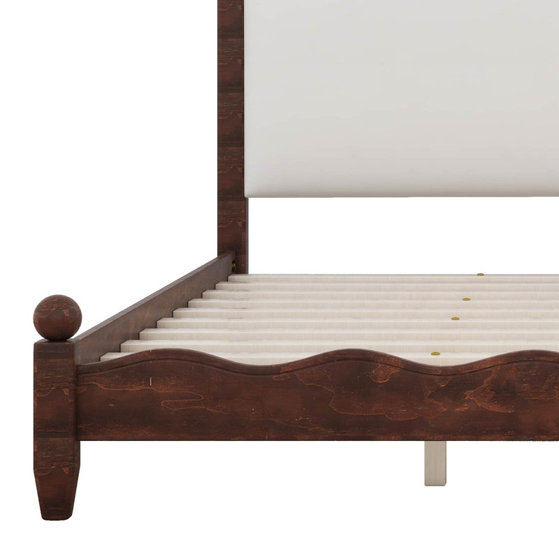 Structure de lit en bois avec tête de lit tapissier, lit plateforme rustique, Espresso, Très grand lit