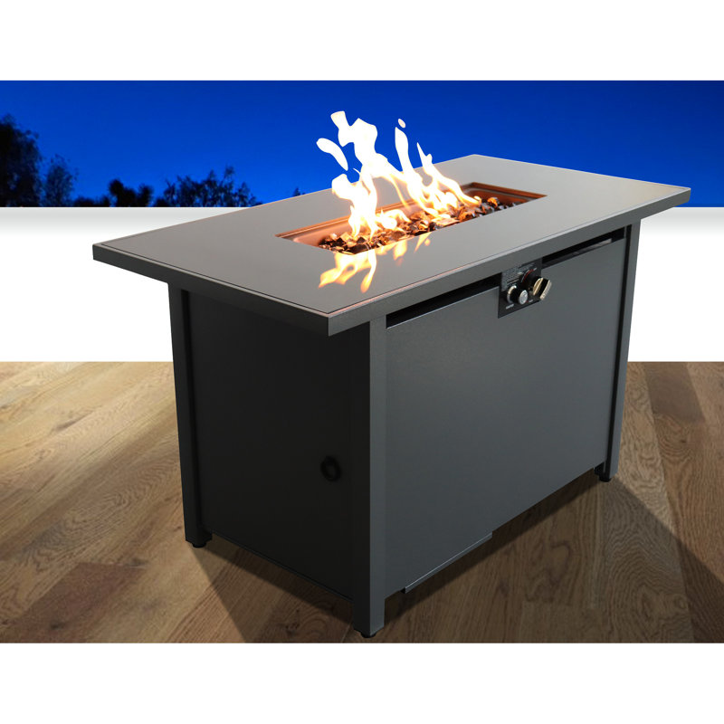 Table de foyer d'extérieur en acier noir H 25 po x l 42 po, 50000 BTU, chaleur, allumage par bouton-poussoir, table de foyer avec rangement d'essence cachée en acier, plateau, réservoir, convient pour terrasse