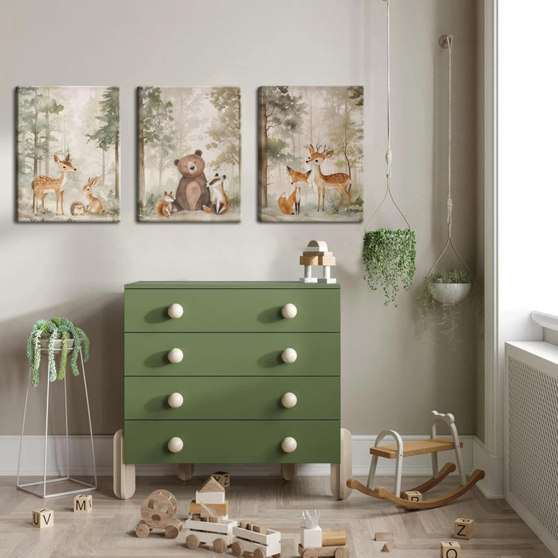 Pépinière, art mural, ensemble de 3 - animaux sauvages de la forêt, ours, renard, aquarelle, peinture, décoration murale, forêt