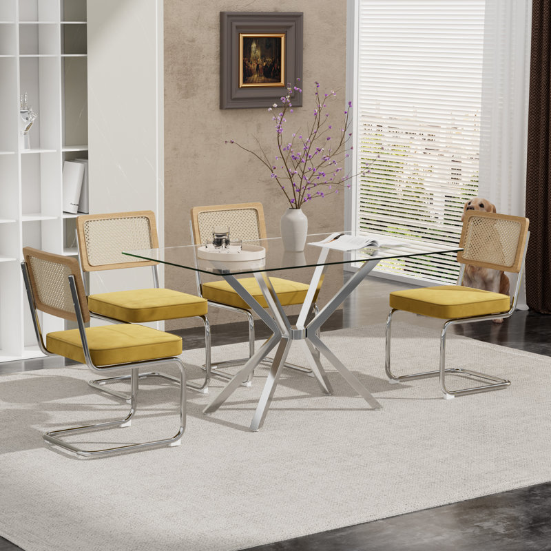 Rectangular Tempered Glass Dining Table Set With Luxury Velvet Rattan Back Upholstered Dining Chairs - Modern Contemporary Small Space Design