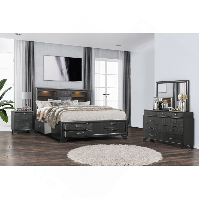 Commode 9 tiroirs avec panneaux texturés et quincaillerie mixte, Gris