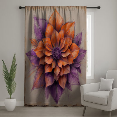 Rideaux orange, mauve et voilage à motif de dahlia - 1 panneau