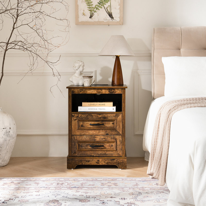 18" Farmhouse Night Stand With Charger Station, Wood Nightstand With Drawers, Bedside Table Nightstands With Storage Shelf, Rustic Side Table End Table, Night Stands For Bedroom Living Room