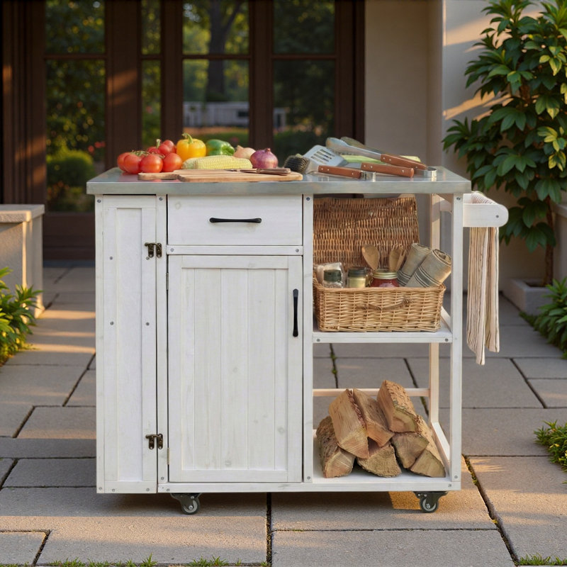 Chariot de cuisine verrouillable pour l'extérieur avec îlot de cuisine et grand espace de rangement, Blanc