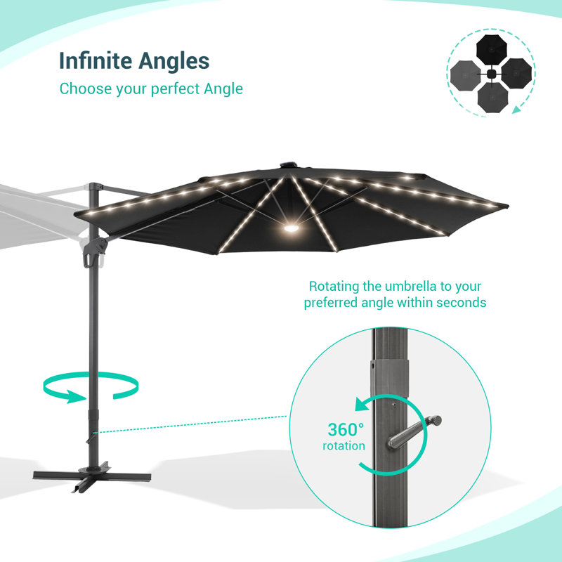 Parasol solaire en porte-à-faux à DEL 11 pi Beveridge, Noir, noir, noir, noir