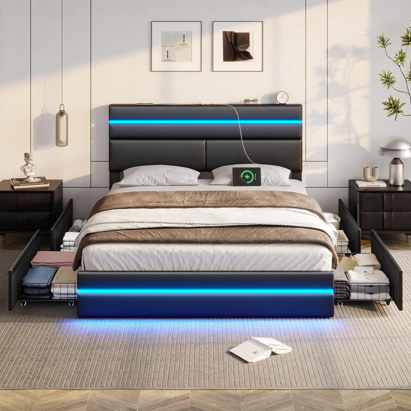 Keilianys Upholstered Low Profile Platform Bed, Queen, Dark Gray