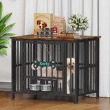 Large Foldable Dog Crate Furniture, Assembly-Free Dog Crate With Adjustable Bowls And Name Tag For Small, Medium, Large Dog