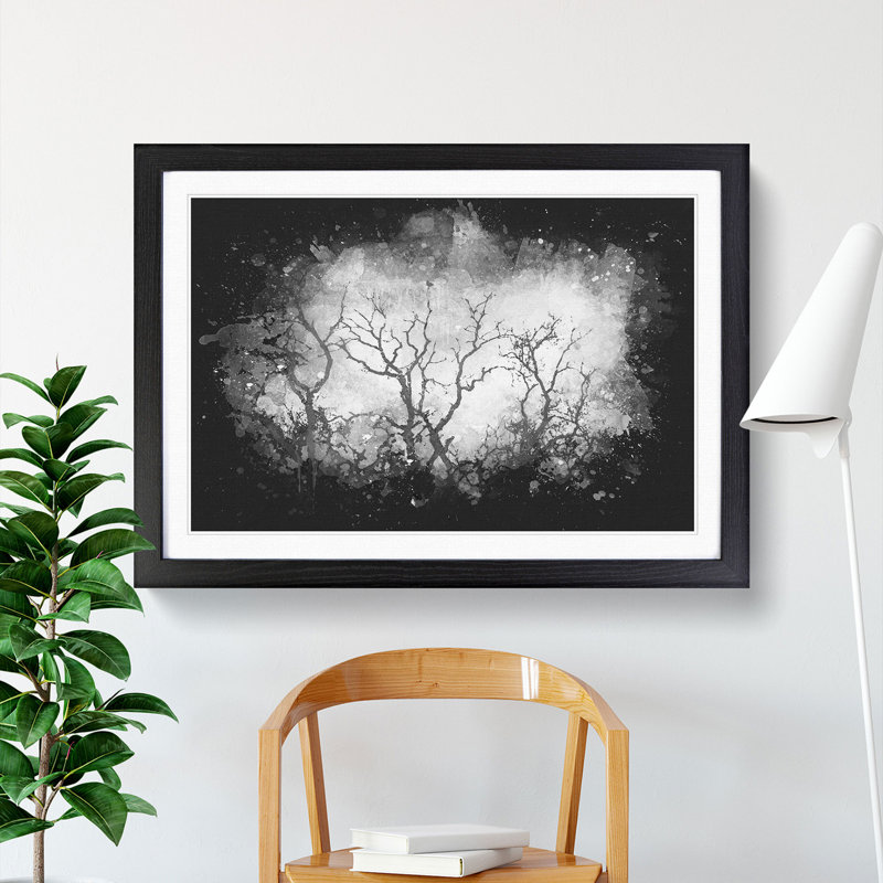 Bird In A Winter Tree Paint Splash - Framed Print, 33cm H x 45cm W x 2cm D, Black Framed