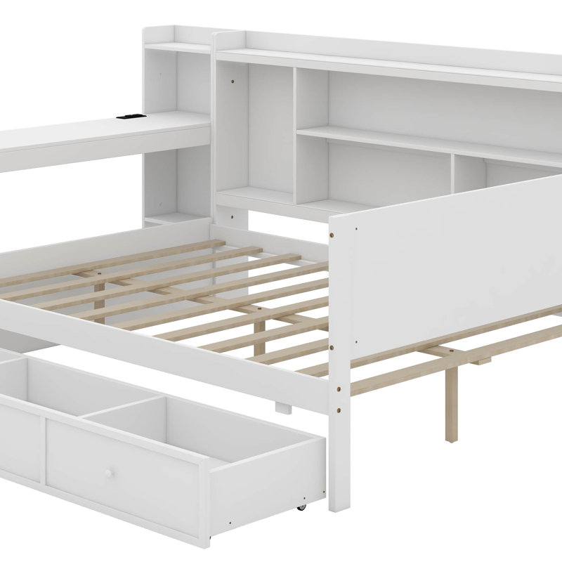Full Size Wooden Daybed With Drawers, USB Ports And Desk, White