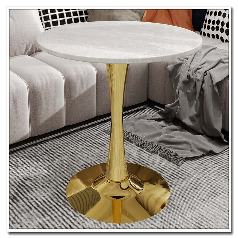 Table de salle à manger ronde en bois avec base piédestal, table basse, Marbre blanc, Doré