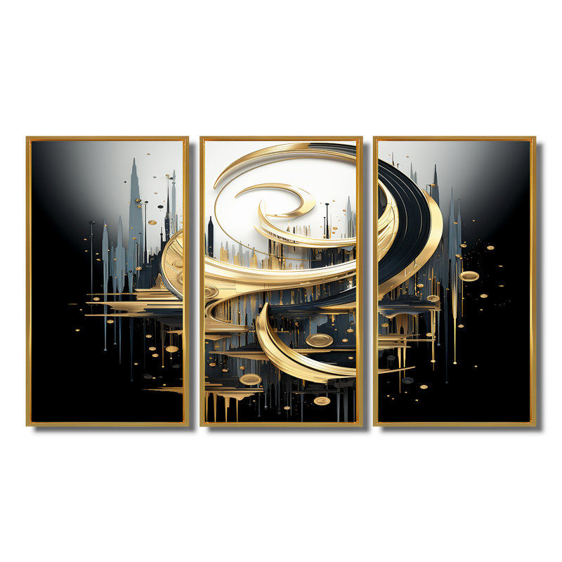 Ensemble de salon Golden Crescent Moon - Abstract Spirals, Cadre flottant doré, H 32 po x l 48 po x P 1 po