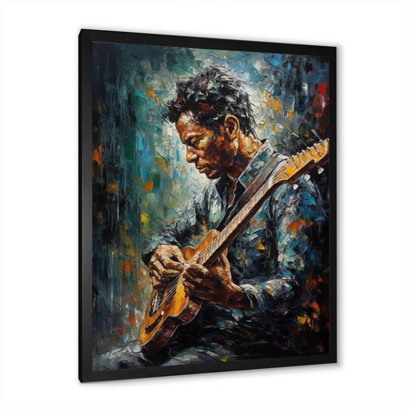 Musicien jouant de la guitare II sur toile, H 20 po x l 12 po x P 1 po, Cadre d'angle fermé noir