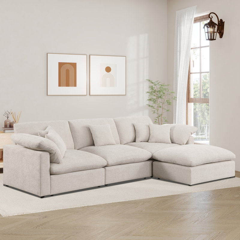 Canapé modulaire luxueux en tissu chenille 4 pièces avec repose-pieds, Chenille beige, H 33,5 po x l 117 po x P 73 po