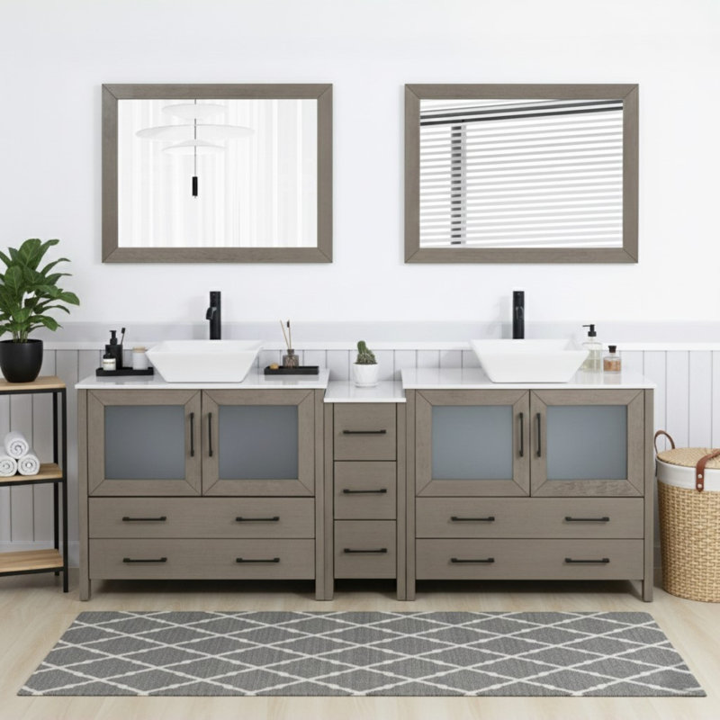 84" Double Bathroom Vanity with Engineered Marble Top with Mirror, Matte Black, Driftwood Gray