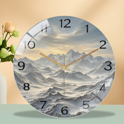 Snowy Mountain Wall Clock Home Decor Art - 12'' Modern Glass Wall Clock