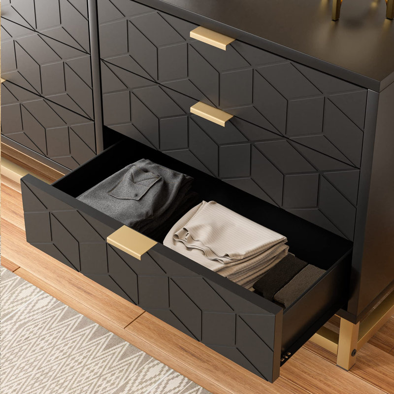 Grande commode en bois 6 tiroirs avec pieds en métal, Black