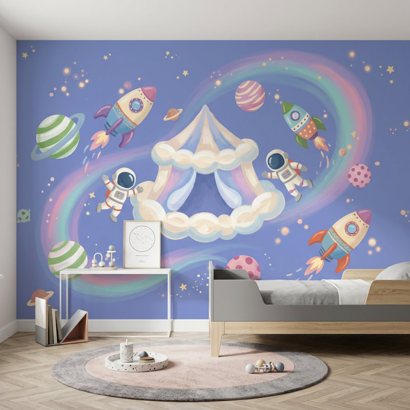 Papier peint espace Astronautes arc-en-ciel pastel, Non tissé, 140 po x 108 po