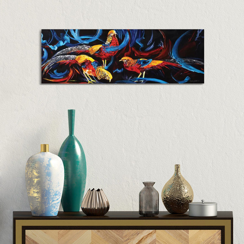 Golden Pheasants by Lindsey Dahl - Wrapped Canvas Panoramic Print, 30.48 cm H x 91.44 cm W x 1.91 cm D