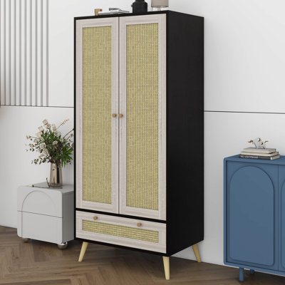 70.8"" Tall Armoire Wardrobe Closet With 2 Rattan Doors & 1 Drawer, Boho Wooden Clothes Storage Cabinet With Hanging Rod For Bedroom -  Bay Isle Home™, B9F799BC463543A9A597771E8ADD0F2A