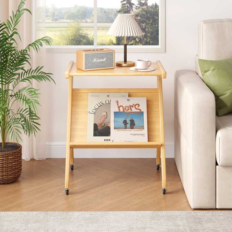 Table de bout en bois avec roulettes, table d'appoint en bambou, Bois naturel