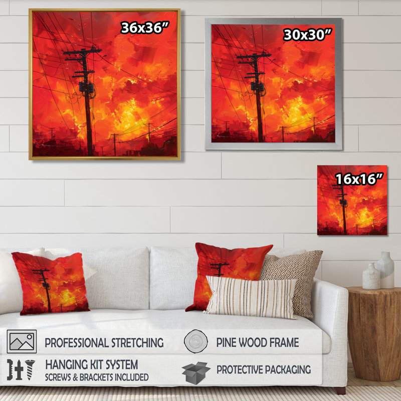 Red Yellow Voltage Vibes Power Lines II - Power Lines, impression d'art mural, Cadre simple noir, H 16 po x l 16 po