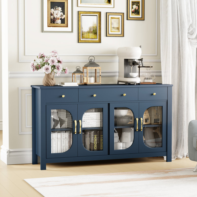 srping 55" Large Sideboard Buffet Cabinet With Storage, Kitchen Storage Cabinet With 3 Drawers And 4 Glass Doors, Buffet Table Coffee Bar Cabinet For Dining Room, Living Room