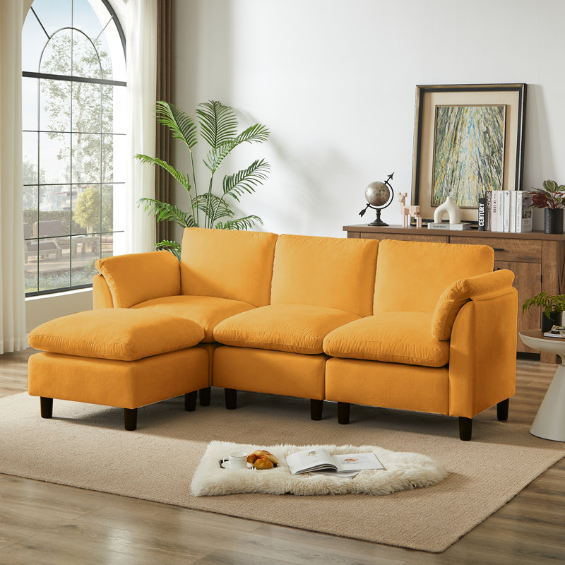 Canapé modulaire rembourré moderne en L en chenille pour salon, canapé 3 places avec repose-pieds orange, Jaune